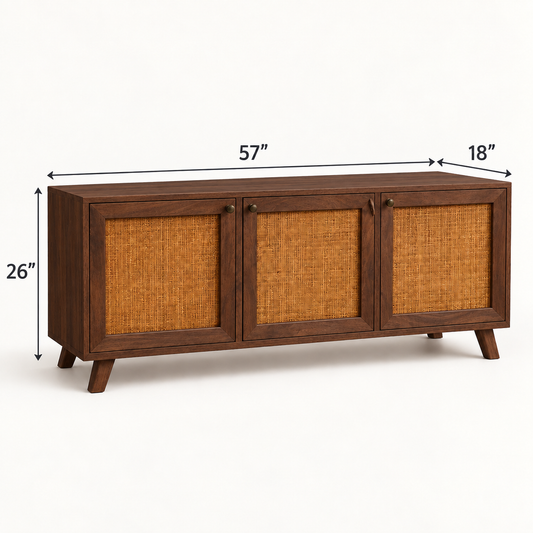 Rustic Cane Wooden Sideboard with Splayed Legs in walnut finish – dimensions 57 × 18 × 26 inches, width × depth × height