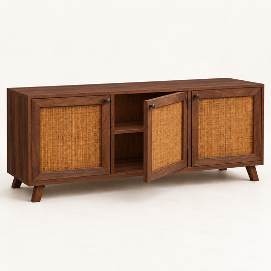 Rustic Cane Wooden Sideboard with Splayed Legs in walnut finish – angled side studio view