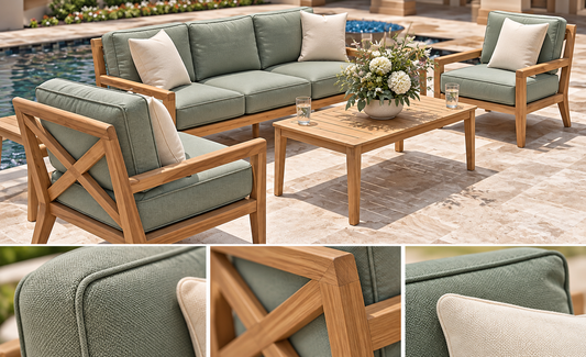 Sage Green X-Frame Teak Wood Sofa Set (3+1+1) material close up view