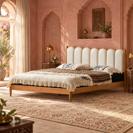 Scalloped Leatherette Wooden Bed in teak wood — side view styled in bedroom
