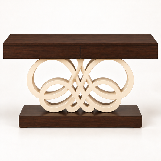A modern console table featuring a dark brown wood top and base with an intricate cream-colored interlocking circular metal base in the center, shown on a clean white background.