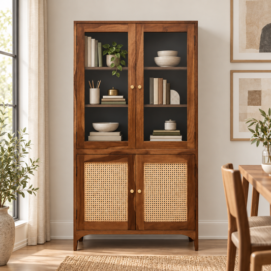 Sheesham wood crockery cabinet with glass and cane doors closed