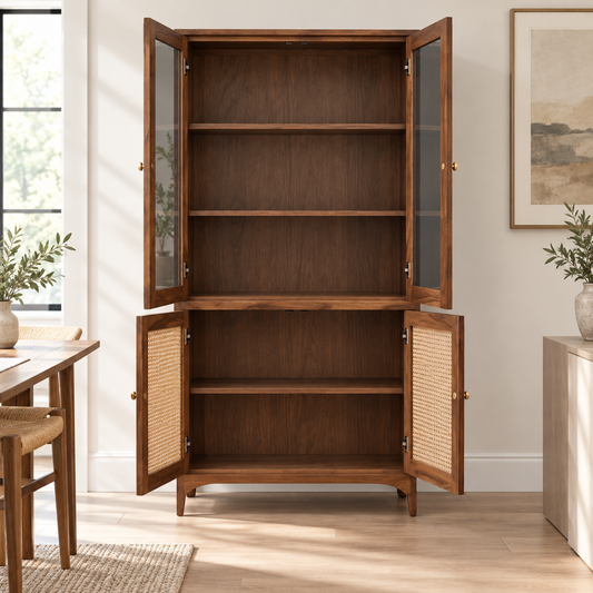 Open Sheesham wood display cabinet showing fixed storage shelves