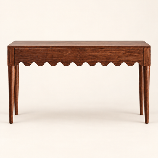 Sheesham Wood Scalloped Study Table in walnut finish, front studio view