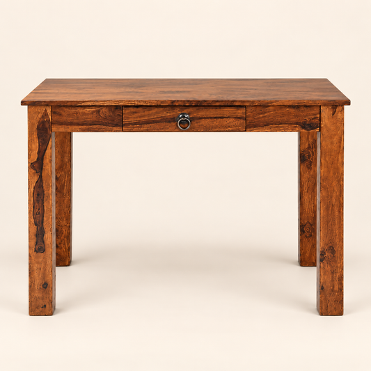 Sheesham Wood Single Drawer Writing Table in walnut finish, front studio view