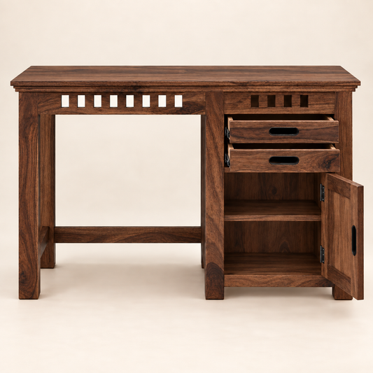 Sheesham Wood Study Table with Cabinet Storage showing open drawers and cabinet with two shelves