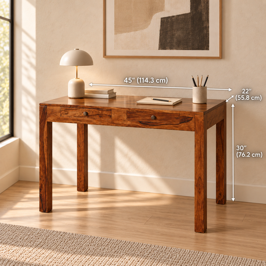 Sheesham Wood Study Table with Round Knobs dimensions: 45″ W × 22″ D × 30″ H (114.3 × 55.8 × 76.2 cm)