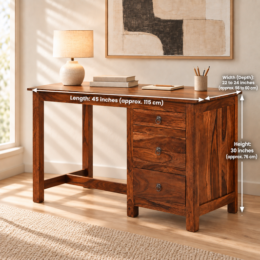 Sheesham Wood Study Table with Three Drawers dimensions: Approx. 45″ W × 22–24″ D × 30″ H (115 × 56–60 × 76 cm)