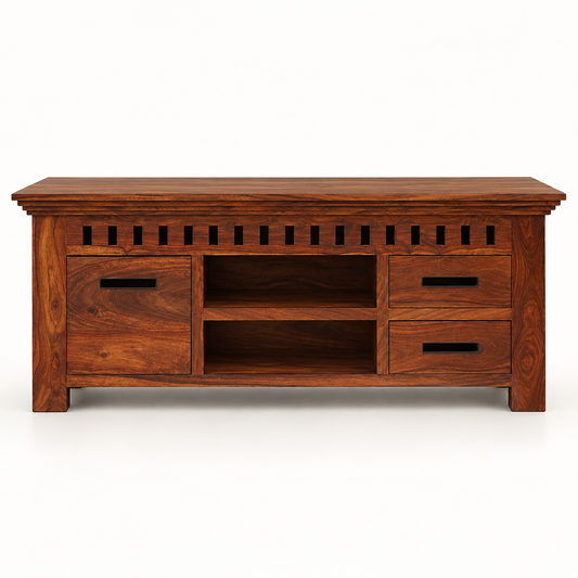 Slotted Sheesham Wood TV Cabinet – front studio