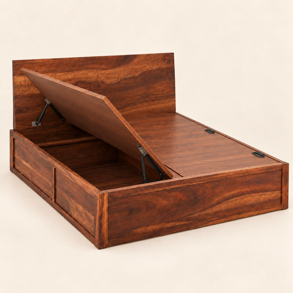 A wooden storage bed frame with a rich reddish-brown finish, shown with the headboard lifted open to reveal the interior space and gas-lift mechanism. The bed features two drawers on the left side.