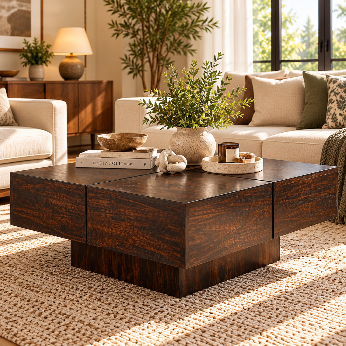 Square block coffee table with wood veneer styled in a modern living room