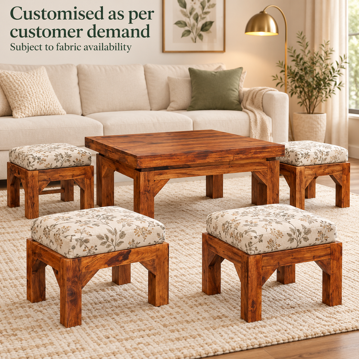 Square Centre Table with Four Taupe Stools β designer-fabric customisation preview, subject to fabric availability