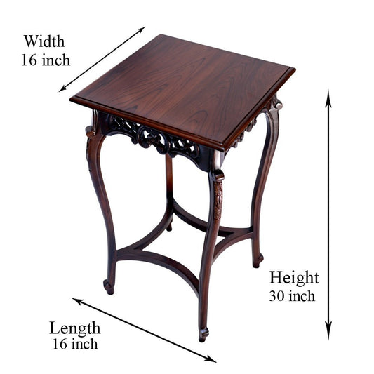 Square Wooden Side Table with Ornate Curved Legs dimension image showing 16″ W × 16″ D × 30″ H.