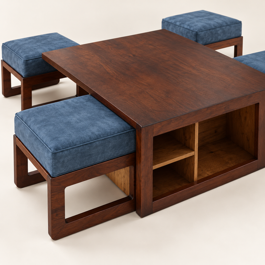 Storage Centre Table with Four Blue Stools – wood and seat detail close-up