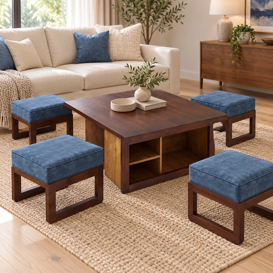 Storage Centre Table with Four Blue Stools – front studio view with stools tucked in