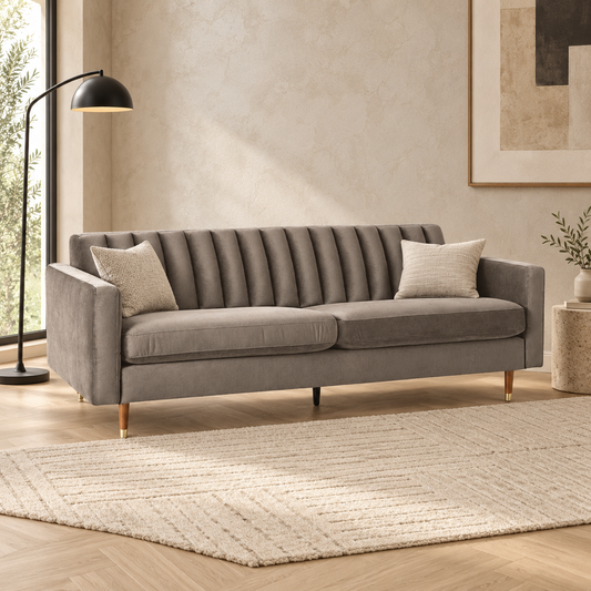 Taupe Grey Channel Tufted Sofa – lifestyle view, Latest Furniture