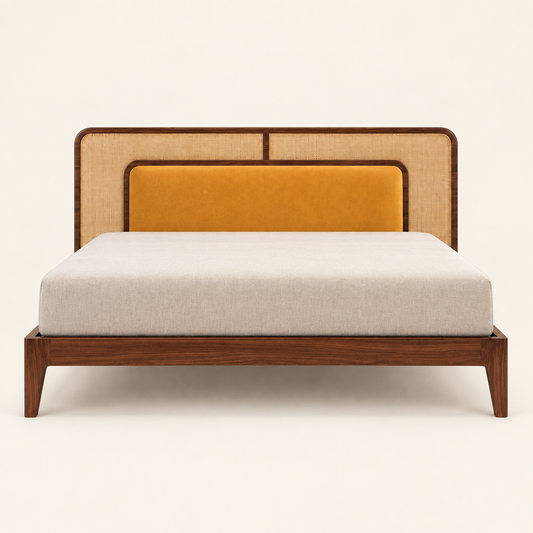 Front studio view of teak wood bed with cane and upholstered headboard