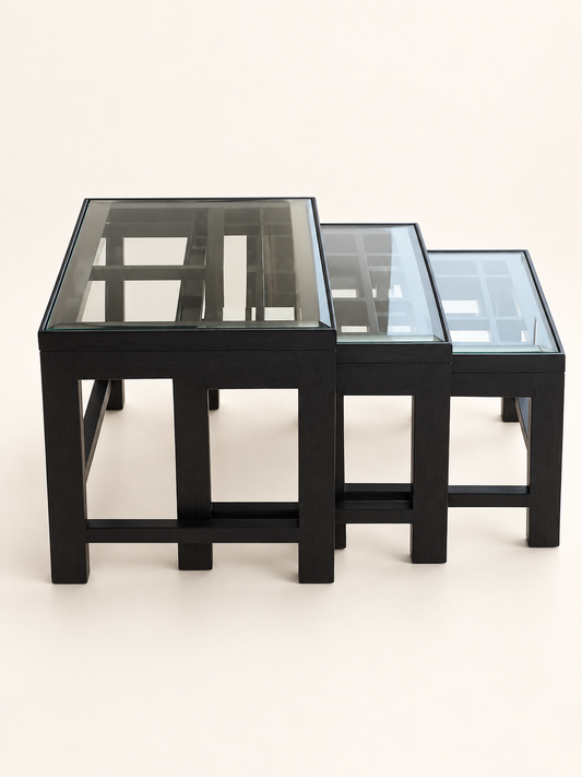 Teak Wood Nesting Tables, Set of Three — front studio view