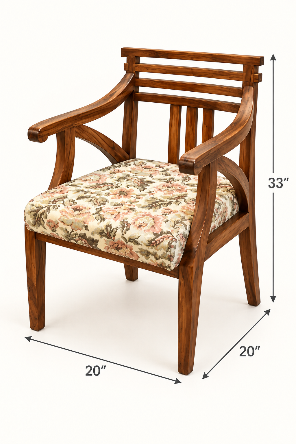 Teak Wood Rib-Back Bedroom Chair — dimension diagram; 20 in L × 20 in D × 33 in H