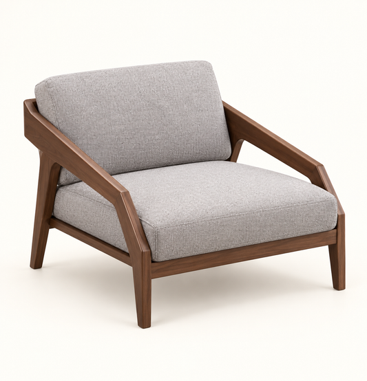 Teak Wood 3+2+1 Sofa Set with Grey Suede Cushions — matching single-seater armchair studio view