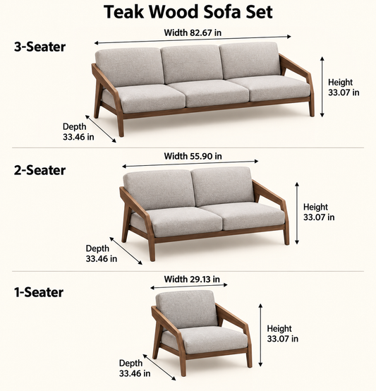 Teak Wood 3+2+1 Sofa Set with Grey Suede Cushions — dimension guide