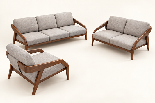 Teak Wood 3+2+1 Sofa Set with Grey Suede Cushions — side studio view