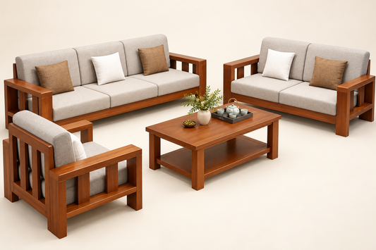 Teak Wood 3+2+1 Sofa Set with Centre Table — front studio view