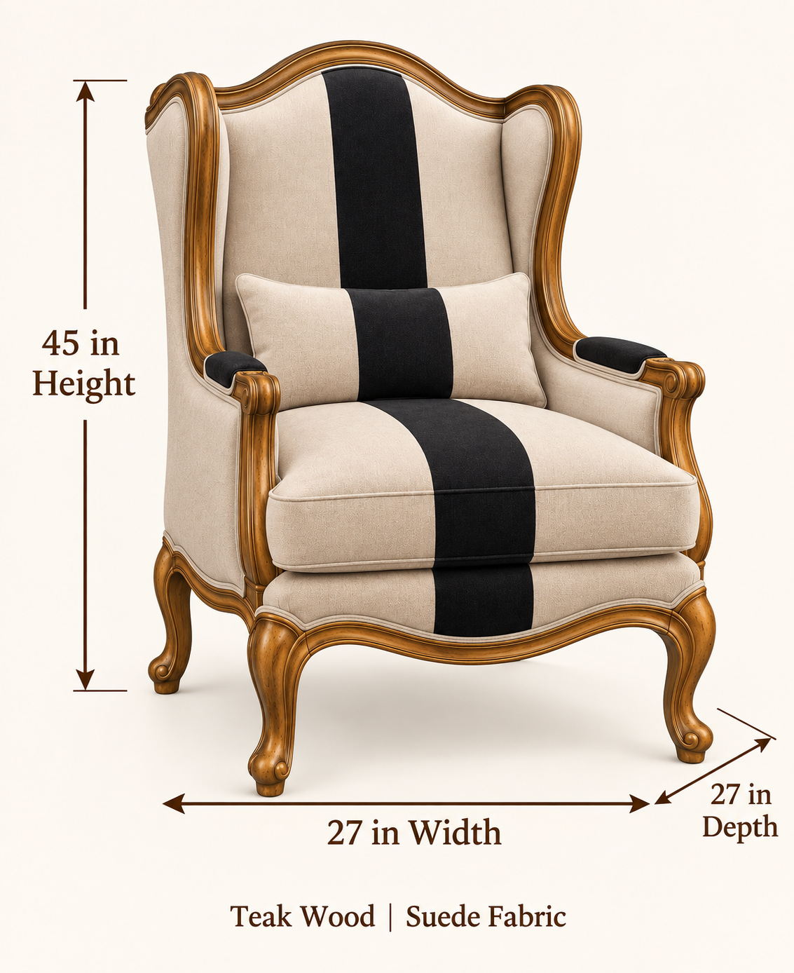Teak wood suede wing chair dimensions 27 W by 27 D by 45 H inches