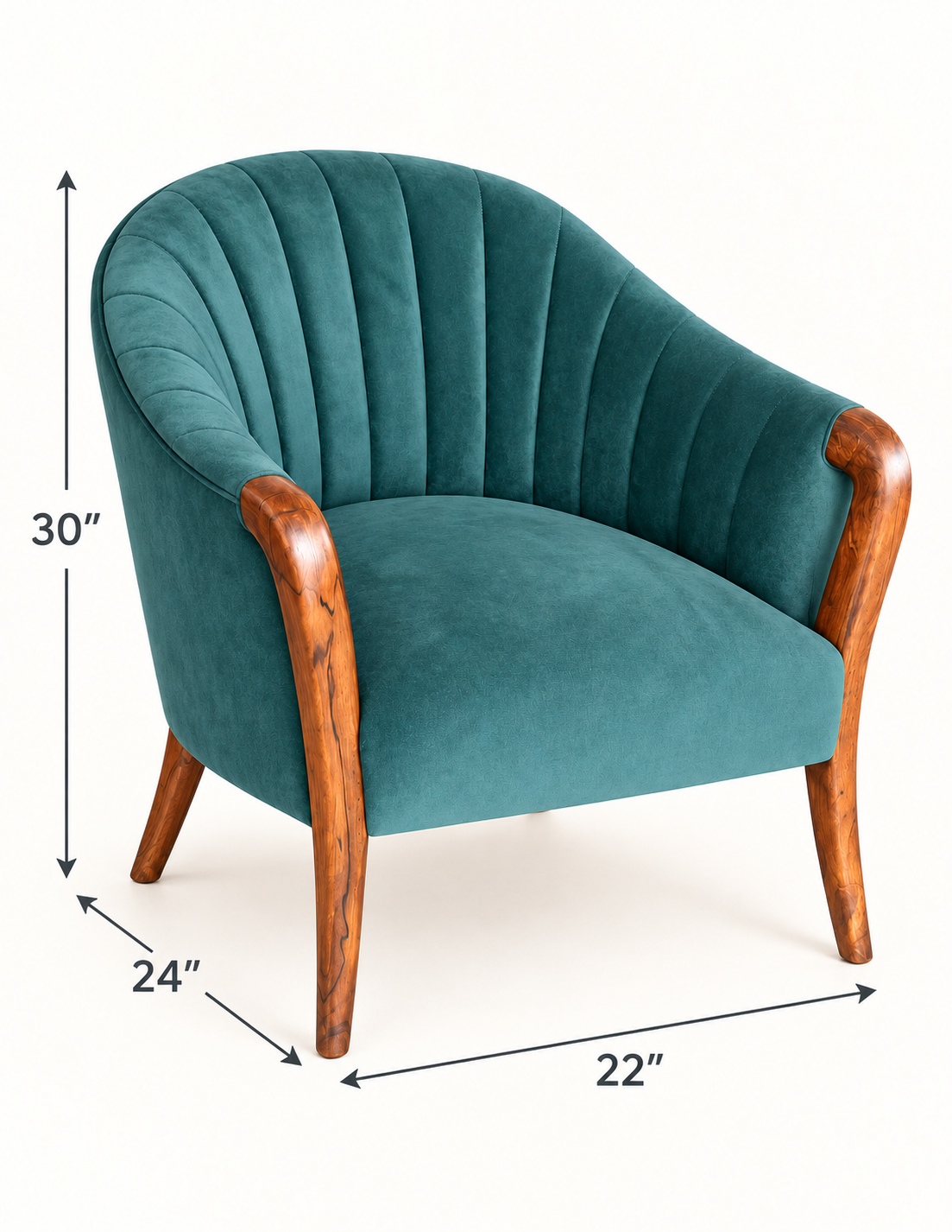 Teal Velvet Flared Teak Wood Accent Chair — dimension diagram; 22 in L × 24 in D × 30 in H
