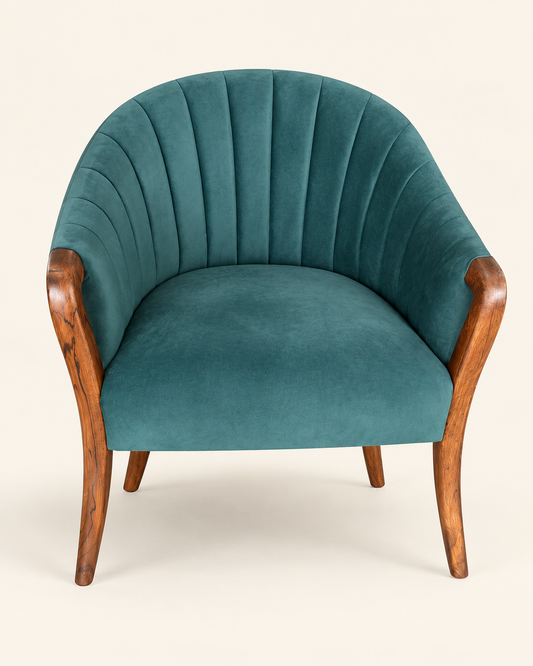 Teal Velvet Flared Teak Wood Accent Chair — front studio view