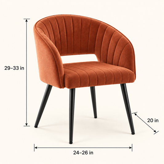 Terracotta Channel-Tufted Dining Chair dimension image showing 24 in W Ă— 20 in D Ă— 29 in H (approx. 61 Ă— 51 Ă— 74 cm).