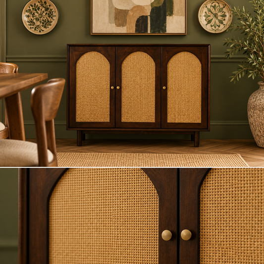 Three Door Arched Cane Wooden Cabinet in dark walnut finish – material and detail close-up