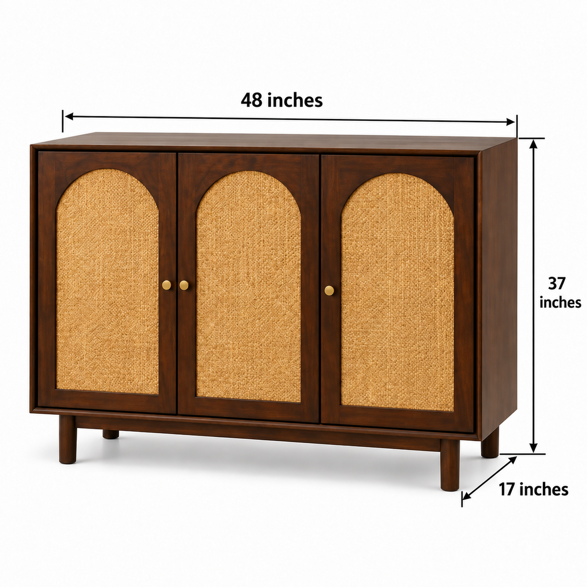 Three Door Arched Cane Wooden Cabinet in dark walnut finish – dimensions 63 × 18 × 32 inches, width × depth × height