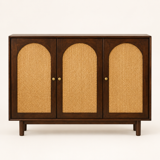 Three Door Arched Cane Wooden Cabinet in dark walnut finish – front studio view
