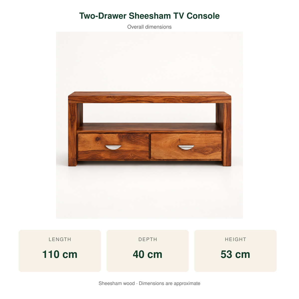 Two-Drawer Sheesham Wood TV Console – dimensions