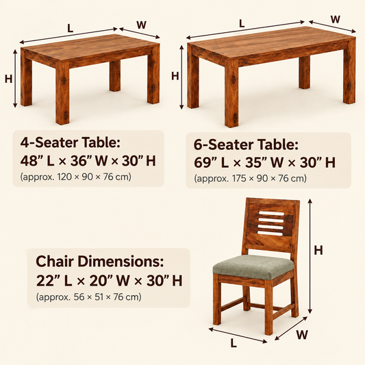 Upholstered Slat-Back Dining Set dimension guide showing table and chair measurements.