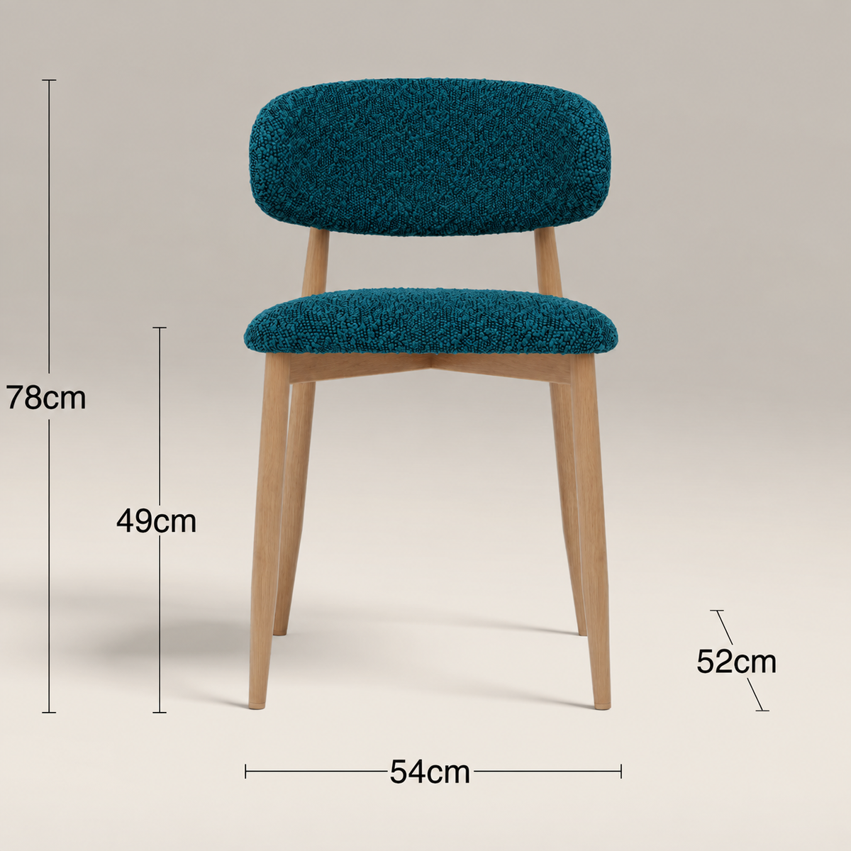 Upholstered Wooden Dining Chair dimensions: 54 cm W × 52 cm D × 78 cm H, with 49 cm seat height.