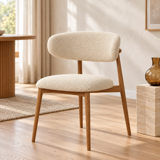 Upholstered Wooden Dining Chair in Ivory Cream bouclé, shown in a lifestyle setting.