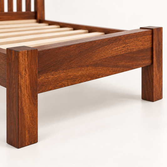 Vertical Slat Wooden Bed in teak wood — close-up of footboard