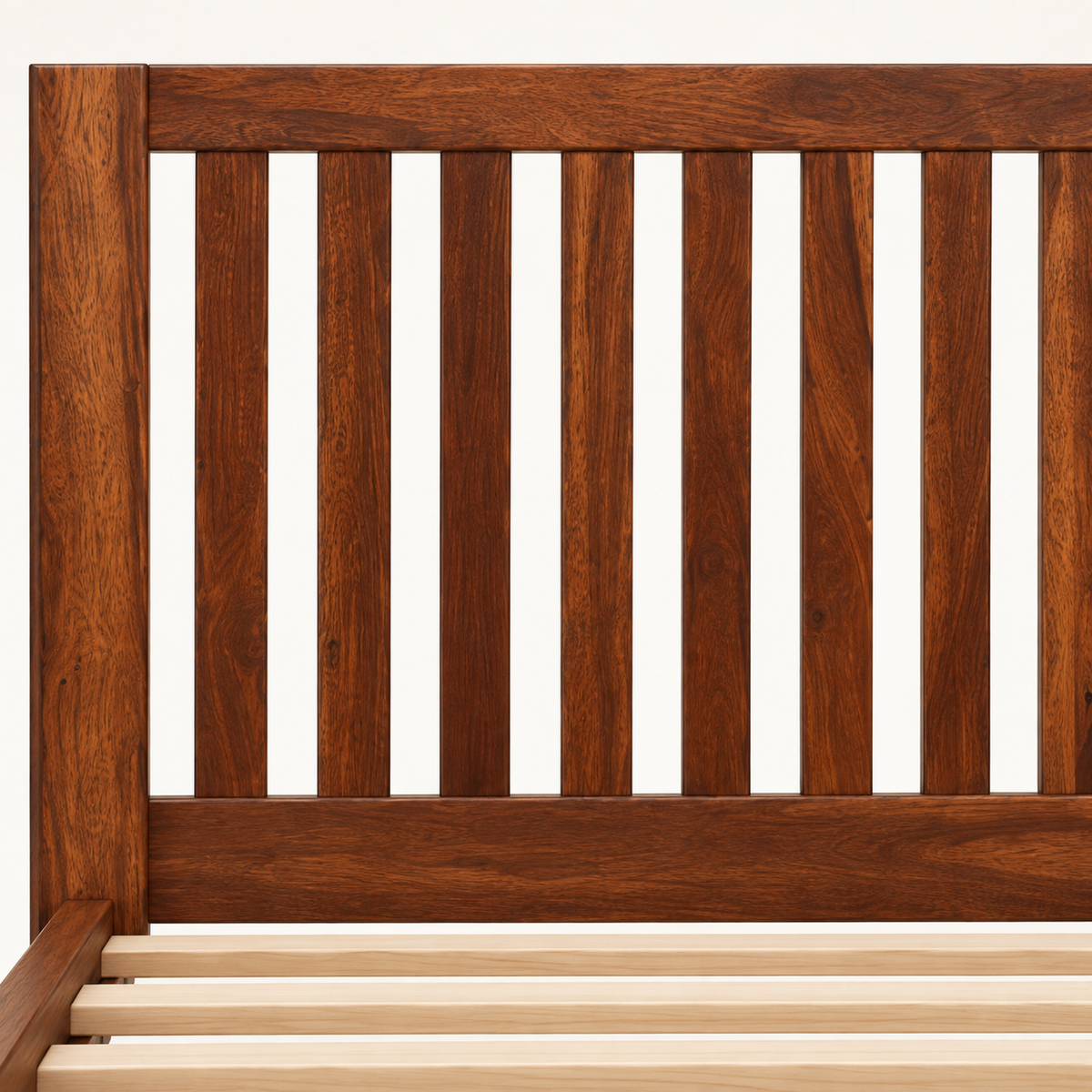 Vertical Slat Wooden Bed in teak wood — close-up of headboard