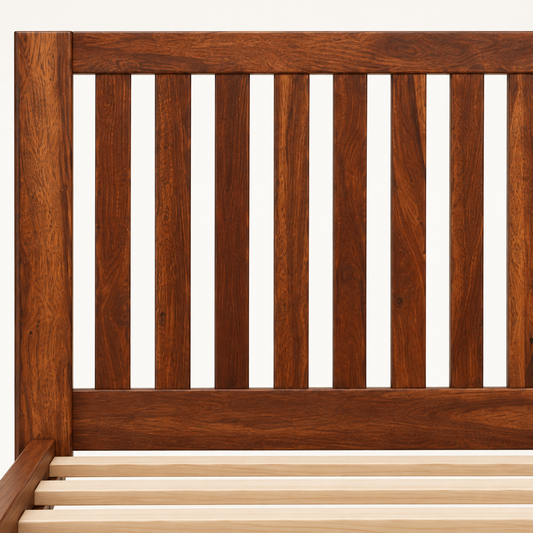 Vertical Slat Wooden Bed in teak wood — close-up of headboard