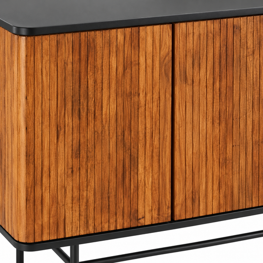 Vertical Slatted Wooden Cabinet with Black Top in natural wood with black top and base finish – material and detail close-up