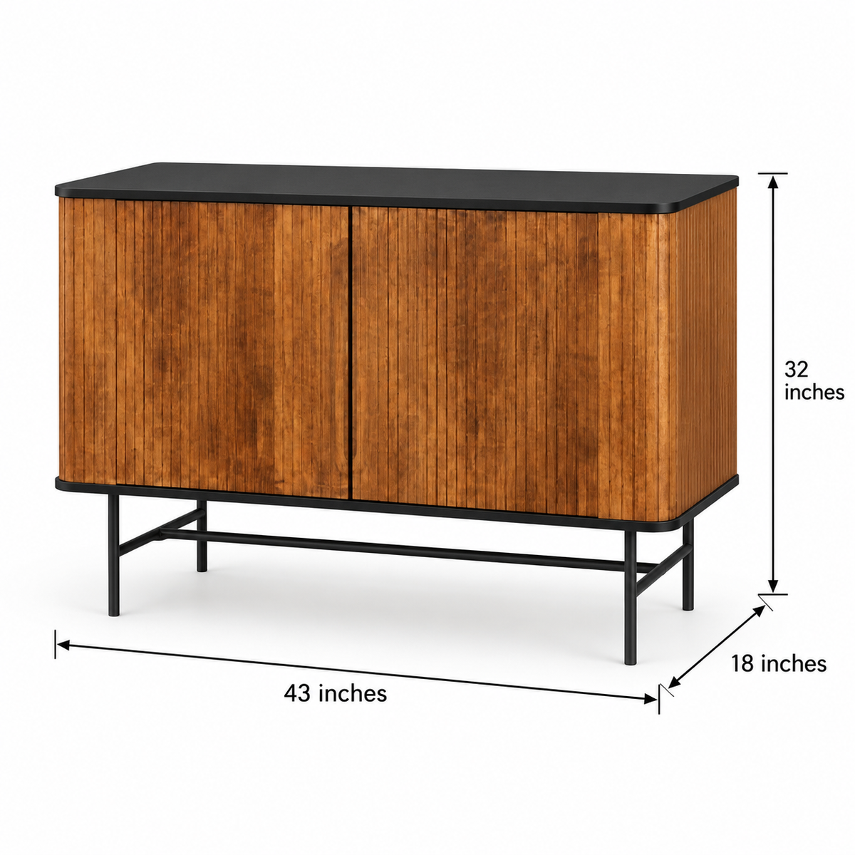 Vertical Slatted Wooden Cabinet with Black Top in natural wood with black top and base finish – dimensions 57 × 18 × 35 inches, width × depth × height