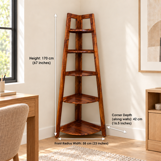 Walnut Corner Ladder Bookshelf dimensions: 58 cm front width Γ 42 cm corner depth Γ 170 cm H (23β³ Γ 16.5β³ Γ 67β³)
