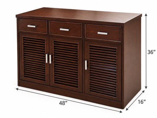 Walnut Louvered Three-Door Sideboard — dimension diagram; 48 in L × 16 in D × 36 in H