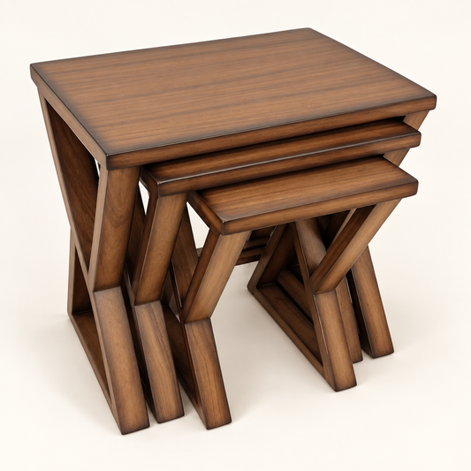 Walnut X-Frame Nesting Tables – Set of 3 front studio view