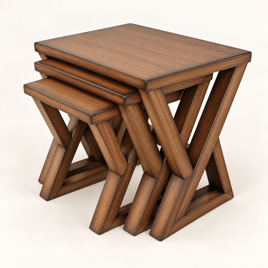 Walnut X-Frame Nesting Tables – Set of 3 side studio view
