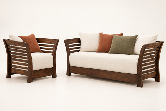 Warm Ivory Curved Slatted-Arm Teak Sofa Set (3+1+1) angled view view