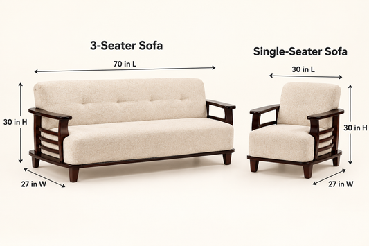 Warm Ivory Curved-Arm Teak Wood Sofa Set (3+1+1) dimensions view