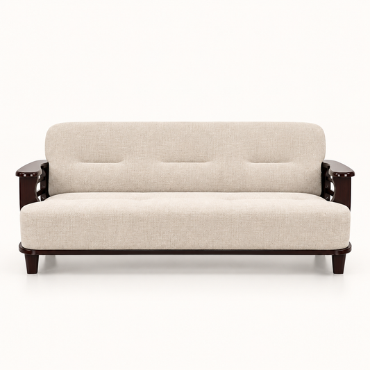 Warm Ivory Curved-Arm Teak Wood Sofa Set (3+1+1) main sofa view
